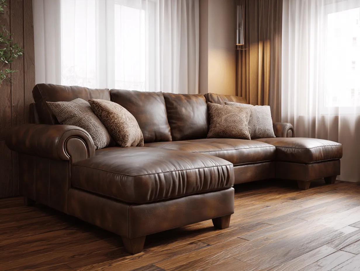 Divano angolare in pelle marrone con chaise longue - braccioli arrotondati - cuscini decorativi inclusi - 310x185x95 cm