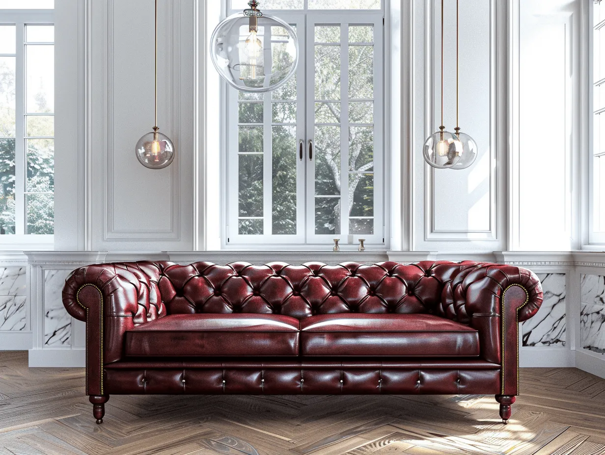 Divano Chesterfield in pelle rosso scuro - lavorazione capitonné - gambe in legno tornito - 225x95x78 cm