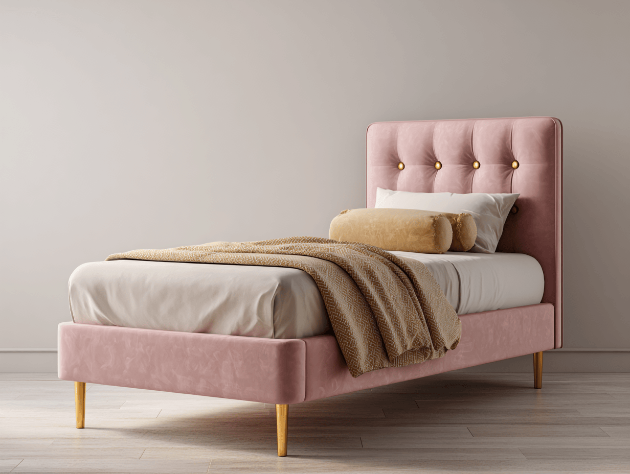 Letto singolo in velluto rosa cipria 100x200x110 cm - testiera imbottita con bottoni decorativi - gambe in legno naturale