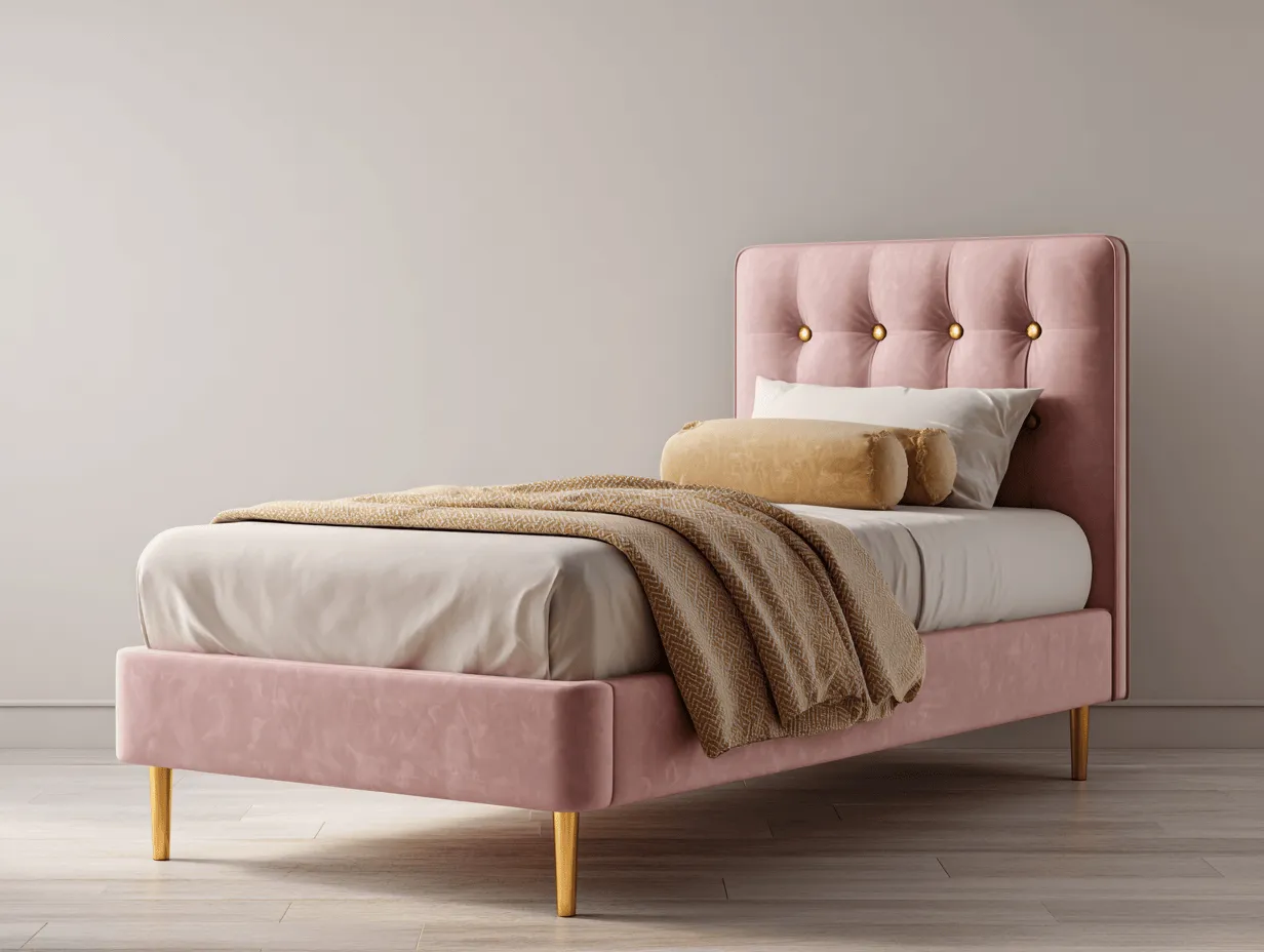 Letto singolo in velluto rosa cipria 100x200x110 cm - testiera imbottita con bottoni decorativi - gambe in legno naturale