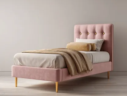 Letto singolo in velluto rosa cipria 100x200x110 cm - testiera imbottita con bottoni decorativi - gambe in legno naturale