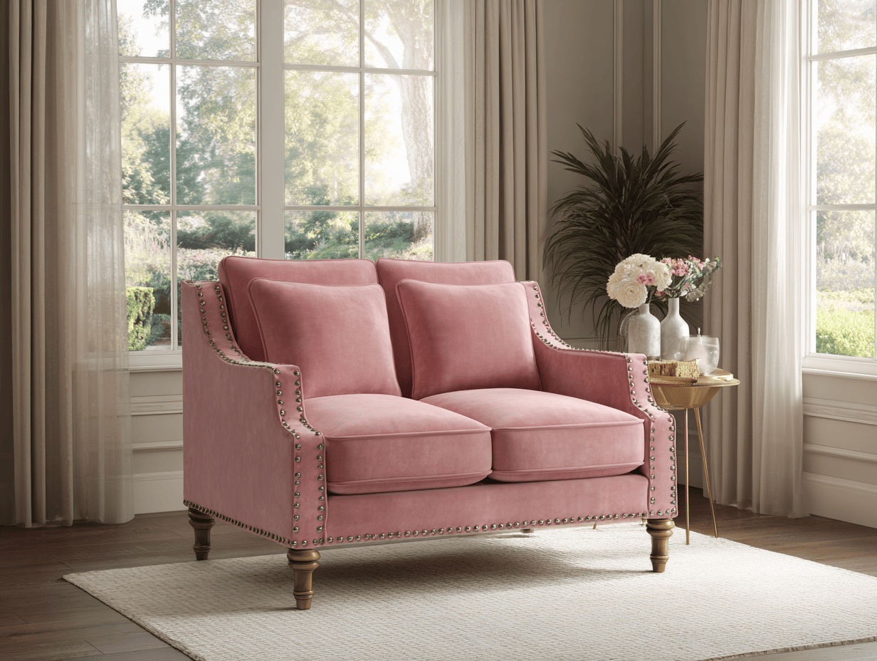 Divano loveseat in velluto rosa - design moderno con borchie - 152x84x80 cm