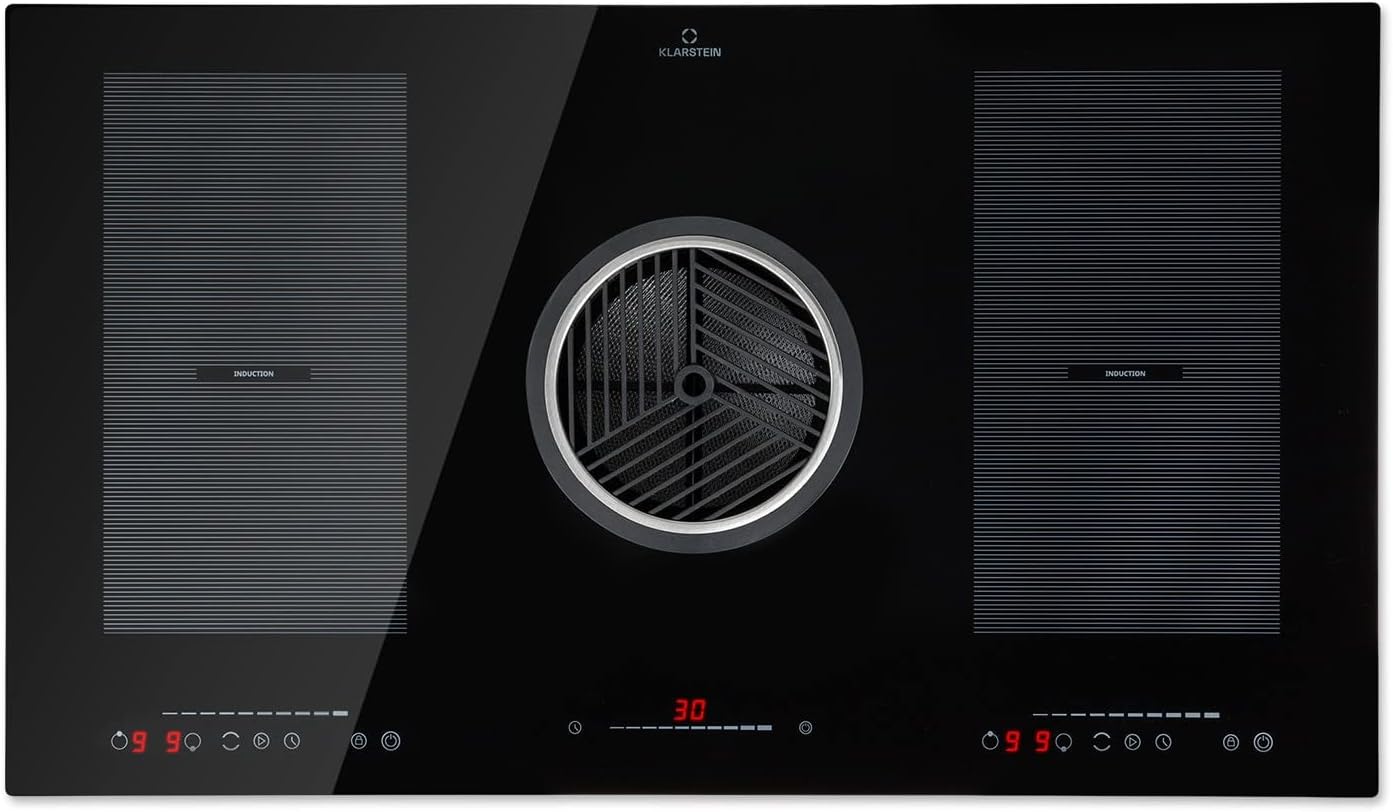 Klarstein 2 in 1 Piastra a Induzione e Cappa Aspirante per Cucina a Isola 4 Fuochi Touch Controllo Classe A 52x90x24,5 cm Schwarz-Dwellingra
