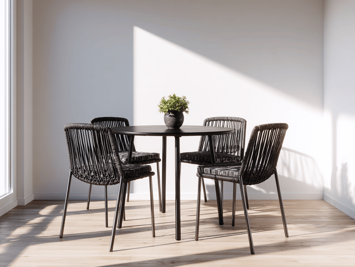 Set tavolo da pranzo rotondo nero con 4 sedie intrecciate - design contemporaneo - 108x108x74 cm