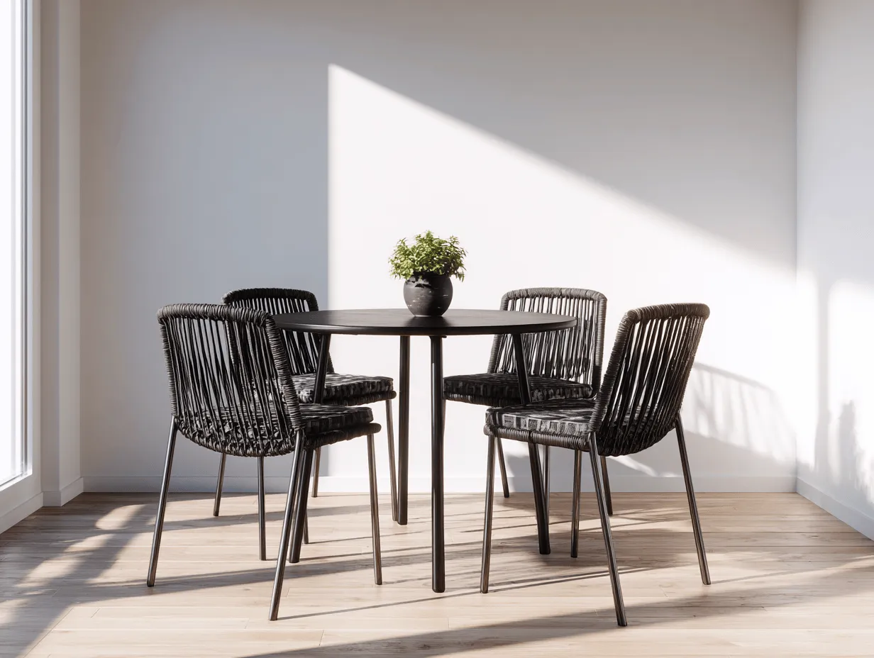Set tavolo da pranzo rotondo nero con 4 sedie intrecciate - design contemporaneo - 108x108x74 cm