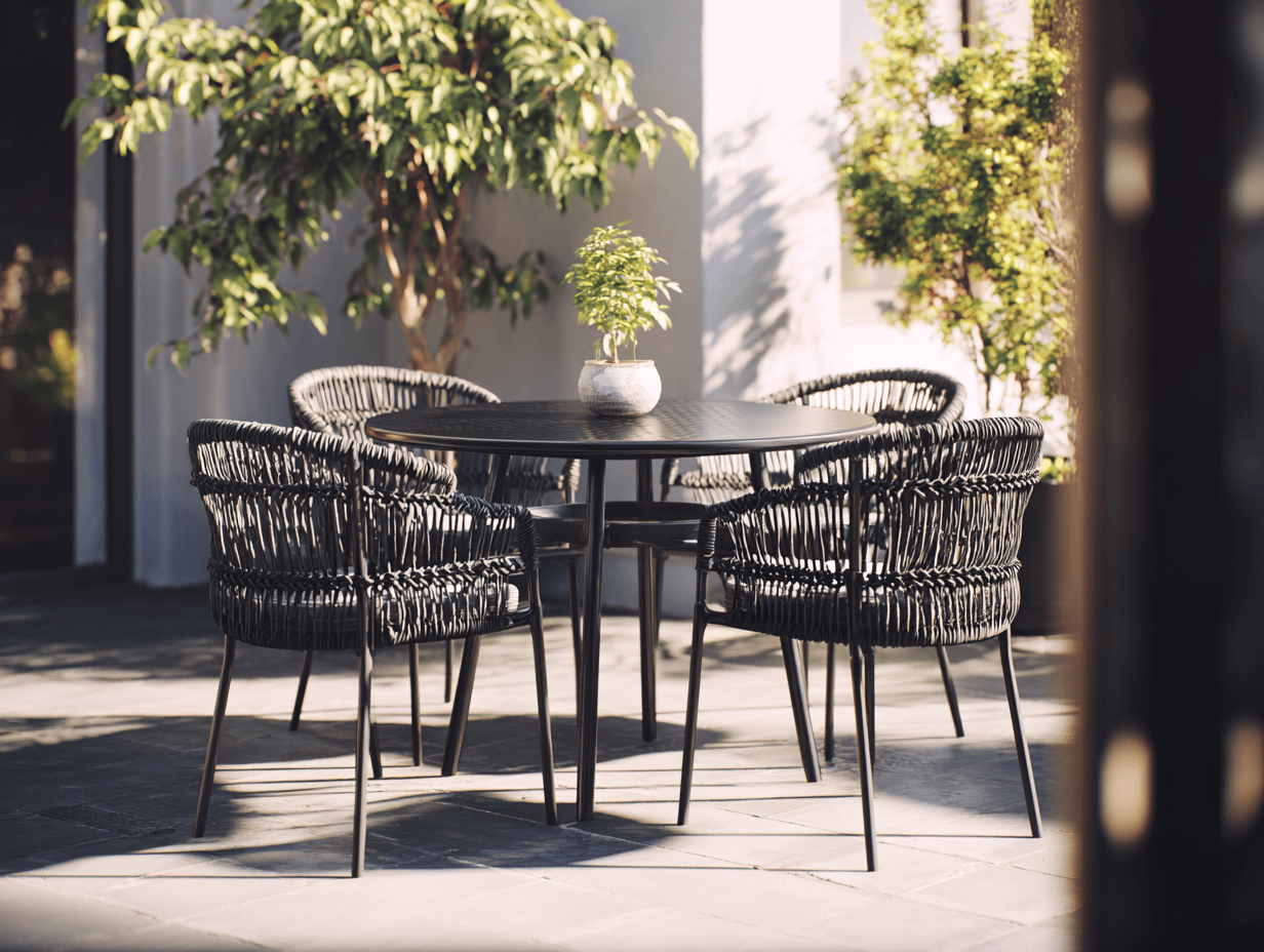 Set tavolo da pranzo rotondo nero da esterno con 4 poltroncine intrecciate - stile moderno per terrazzo/giardino - 115x115x75 cm-Dwellingra