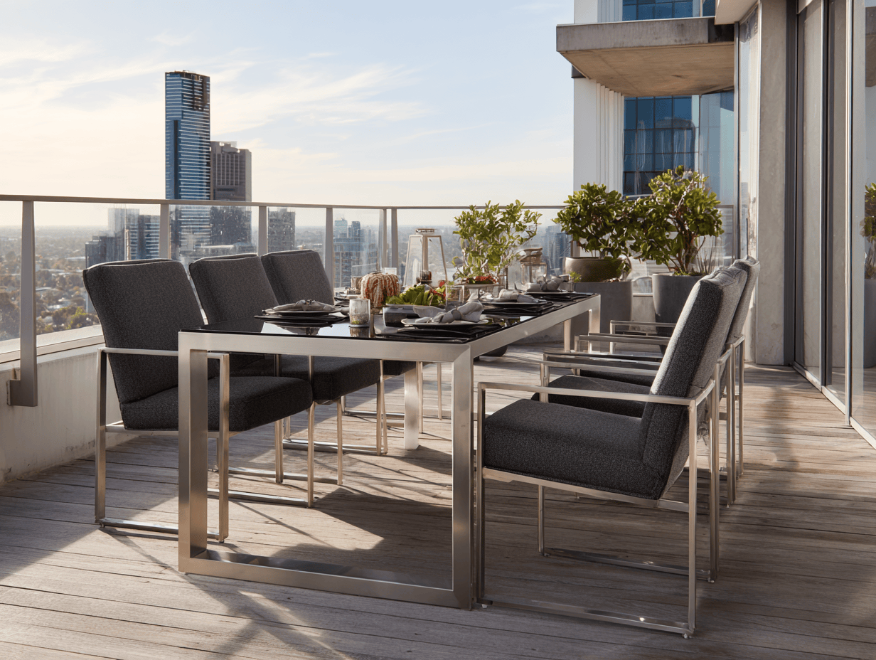 Set da pranzo da giardino con 1 tavolo rettangolare e 6 sedie in metallo e tessuto grigio 180x90x76 cm