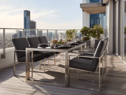 Set da pranzo da giardino con 1 tavolo rettangolare e 6 sedie in metallo e tessuto grigio 180x90x76 cm