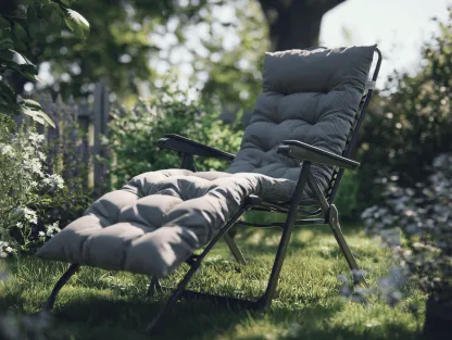 Sedia a sdraio reclinabile da giardino 180x65x110 cm con cuscino imbottito grigio e braccioli pieghevoli