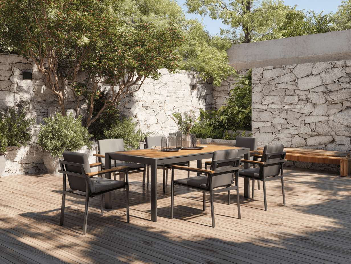 Set da pranzo da esterno - Tavolo rettangolare in alluminio nero e legno 180x90x75 cm - 6 sedie 56x58x85 cm con cuscini grigi - stile moderno-Dwellingra