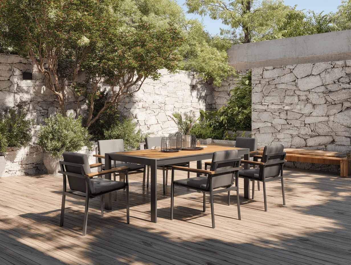 Set da pranzo da esterno - Tavolo rettangolare in alluminio nero e legno 180x90x75 cm - 6 sedie 56x58x85 cm con cuscini grigi - stile moderno-Dwellingra