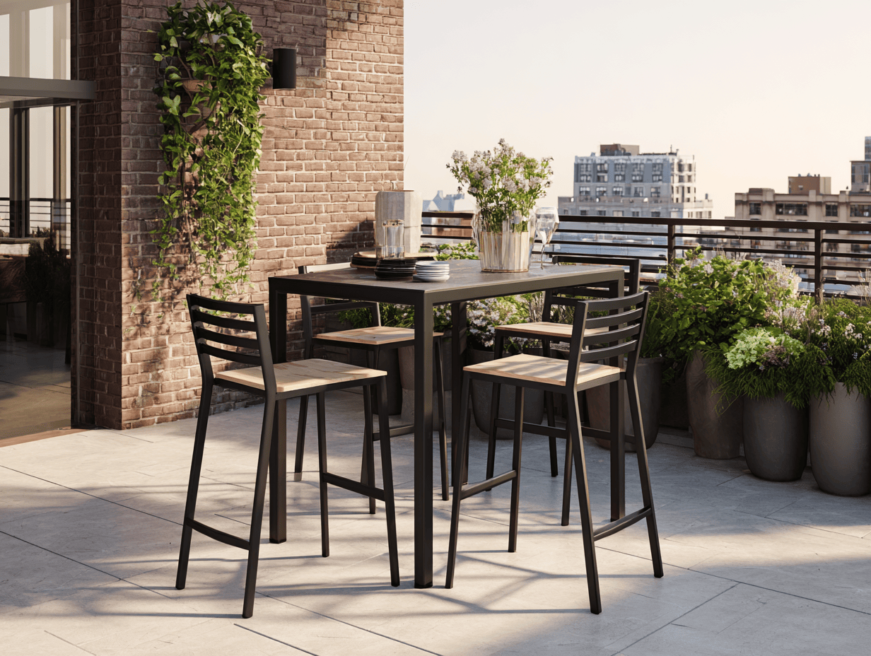 Set da pranzo da giardino con 1 tavolo alto quadrato e 4 sgabelli in metallo e legno 120x80x105 cm