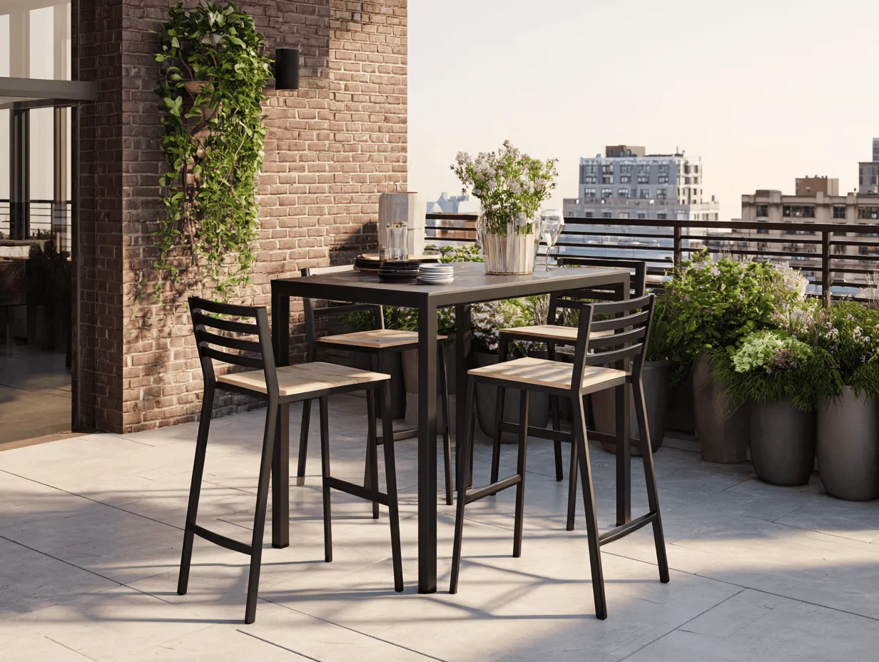 Set da pranzo da giardino con 1 tavolo alto quadrato e 4 sgabelli in metallo e legno 120x80x105 cm