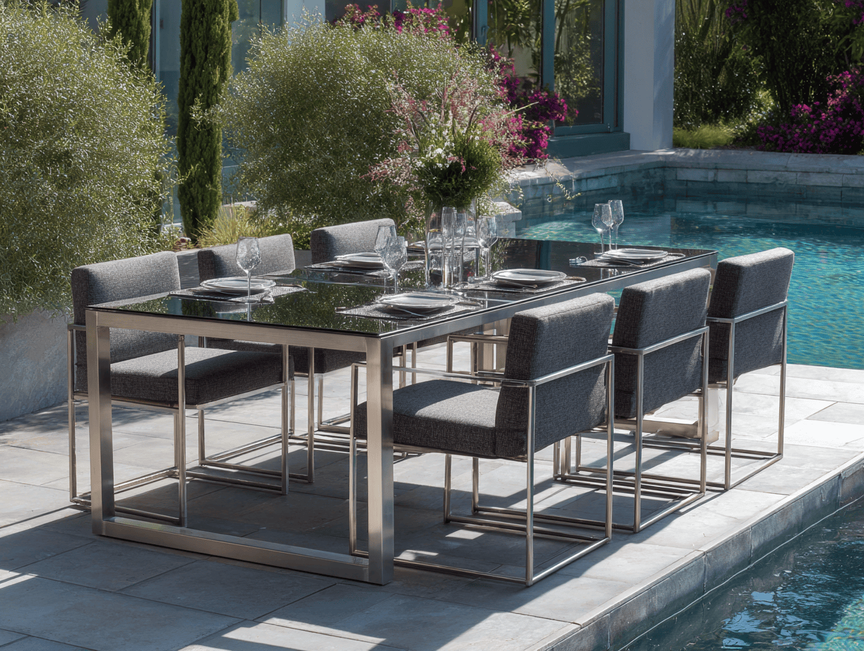 Set da pranzo da giardino con 1 tavolo in vetro e 6 sedie imbottite 180x90x75 cm