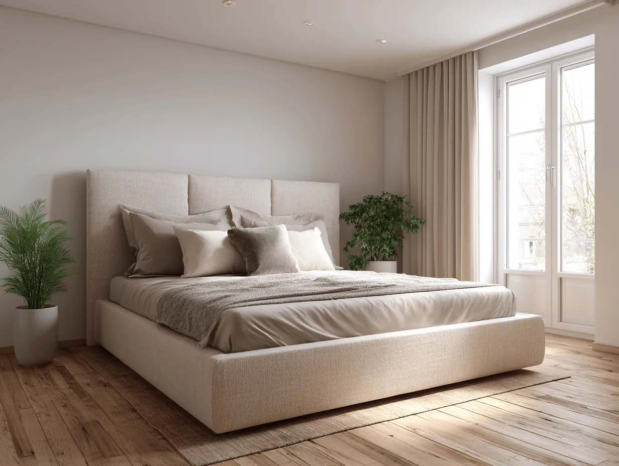 Letto matrimoniale 180x200 cm - tessuto beige - stile moderno con testiera imbottita larga