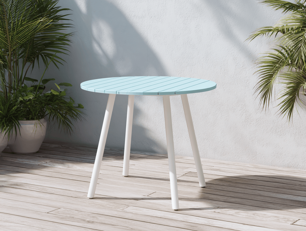 Tavolo da giardino rotondo 80x80x74 cm - piano in legno composito azzurro - gambe in metallo bianco - stile moderno