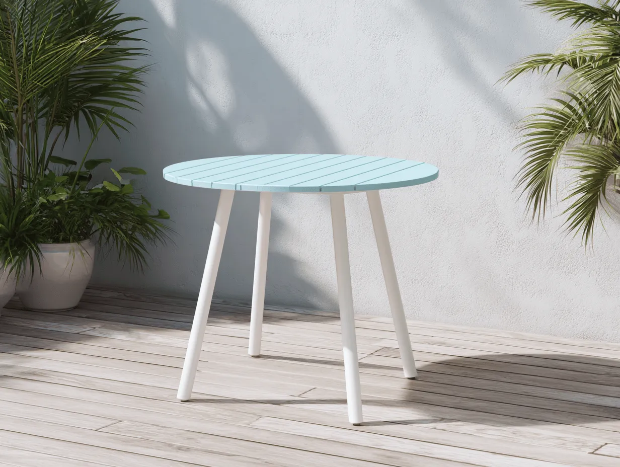 Tavolo da giardino rotondo 80x80x74 cm - piano in legno composito azzurro - gambe in metallo bianco - stile moderno