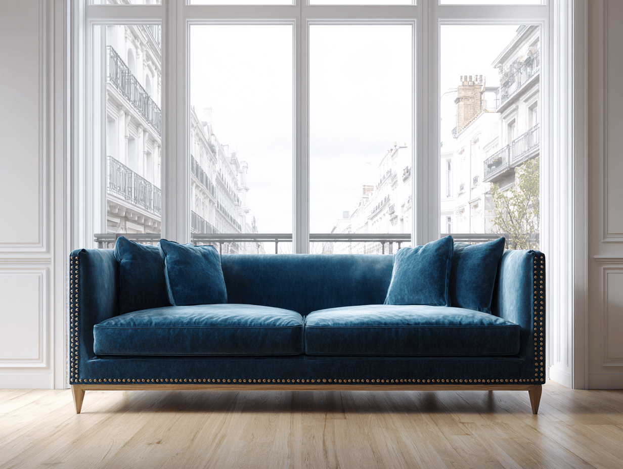 Divano elegante in velluto blu - braccioli con borchie decorative - cuscini extra morbidi - 220x95x85 cm