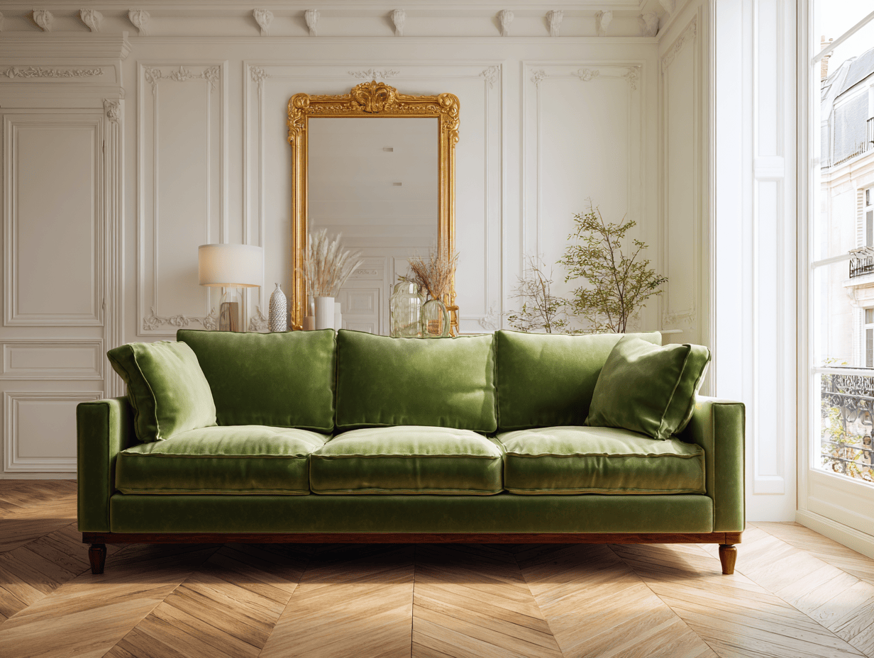 Divano elegante a tre posti in velluto verde 220x95x90 cm - con cuscini imbottiti e gambe in legno - stile classico moderno