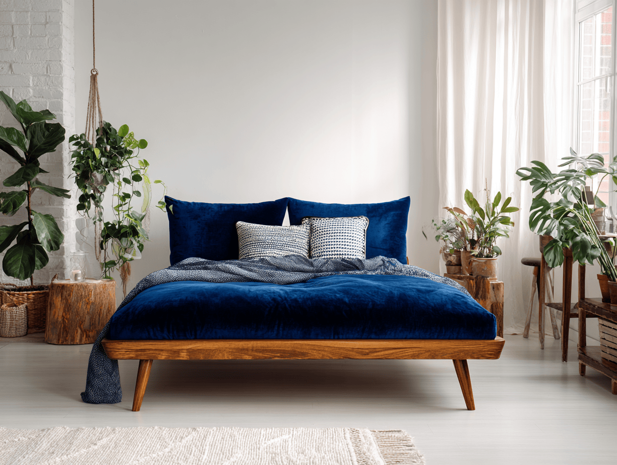 Letto king size 180x200 cm - velluto blu profondo e struttura in legno massello - stile moderno