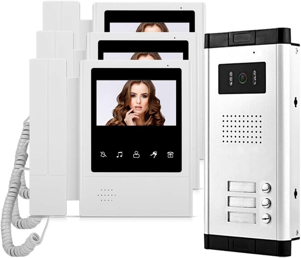 HFeng Videocitofono Cablato a Colori 4,3 Pollici, Kit con 3 Monitor, Videocamera IR 700TVL, Visione Notturna, per 3 Appartamenti-Dwellingra