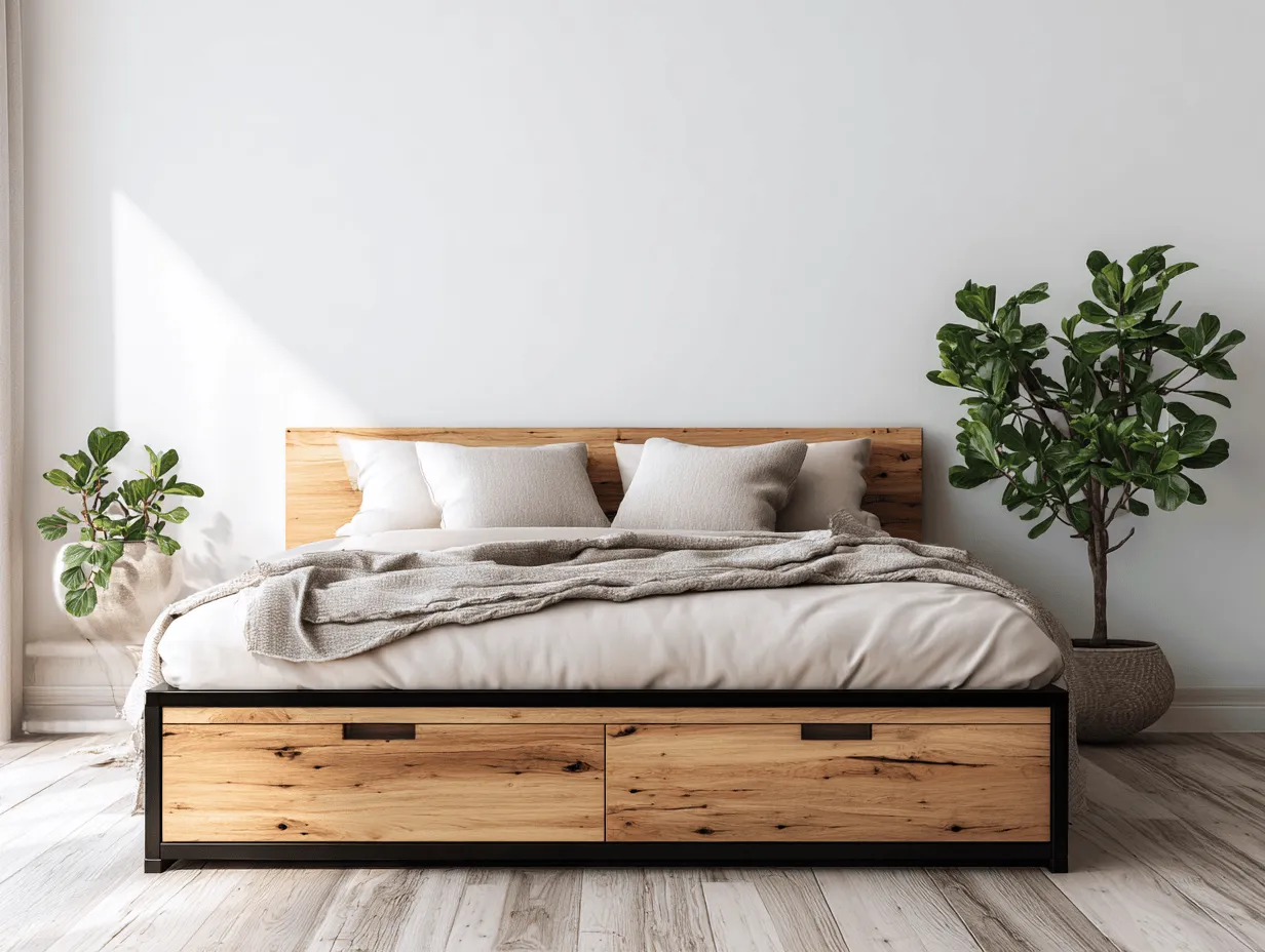 Letto matrimoniale in legno con cassetti 160x200x105 cm rovere naturale