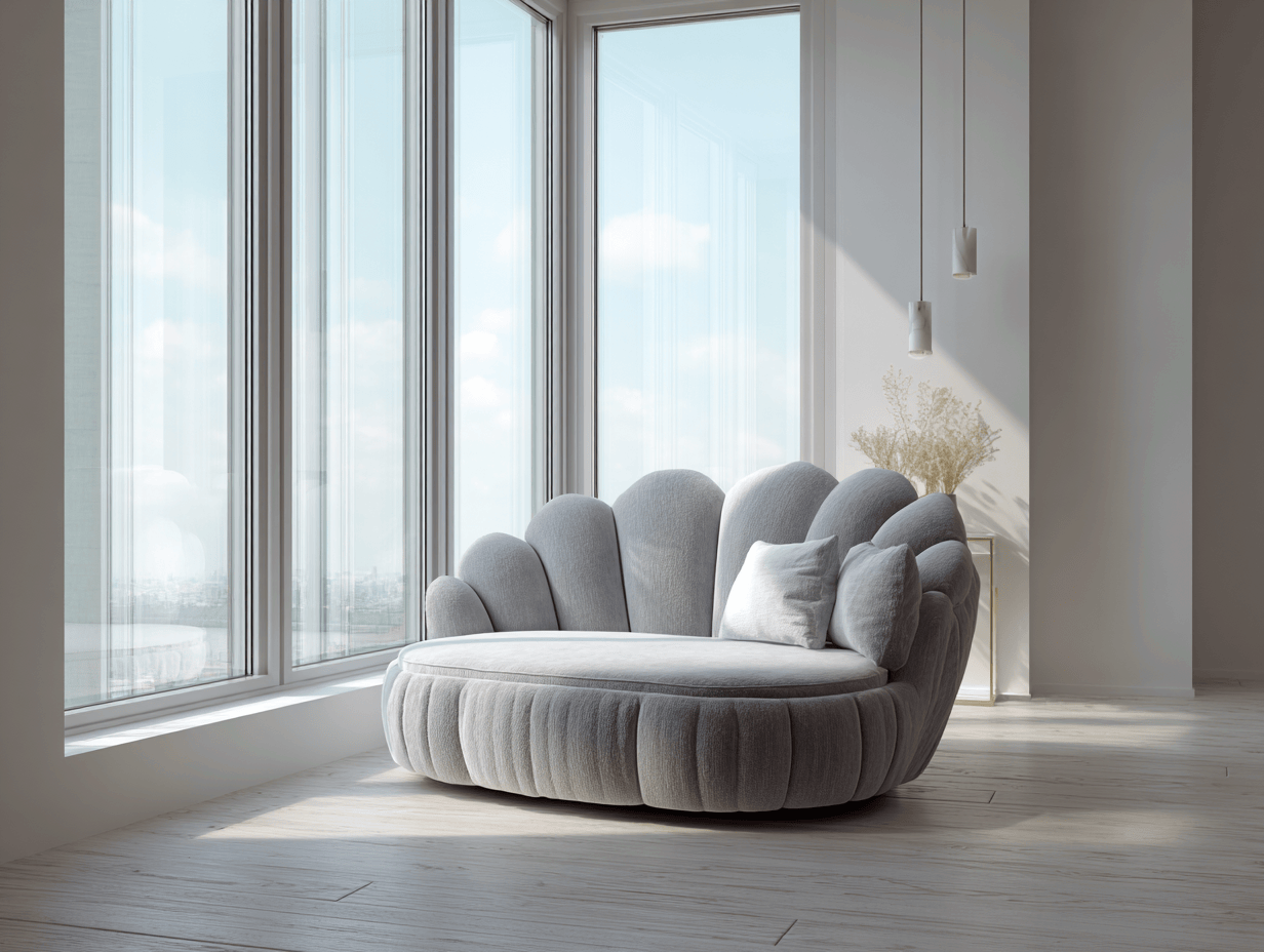 Divano 2 posti rotondo 190x160x95 cm in velluto grigio con schienale a petali