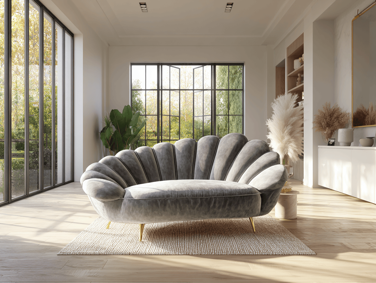 Divano 3 posti elegante 220x95x100 cm in velluto grigio con schienale a conchiglia e gambe dorate