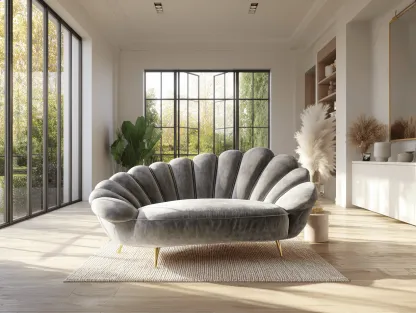 Divano 3 posti elegante 220x95x100 cm in velluto grigio con schienale a conchiglia e gambe dorate