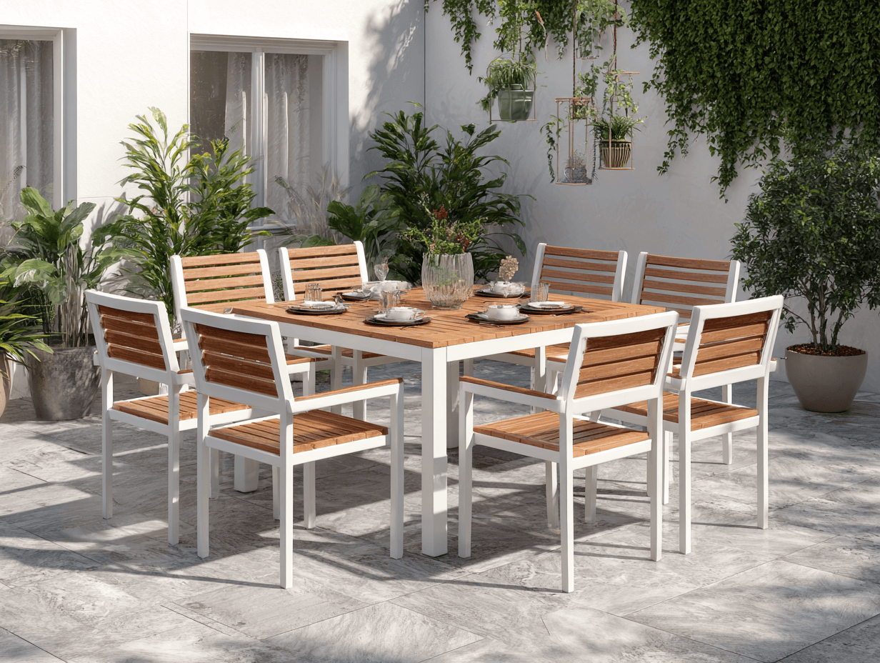 Set pranzo da giardino con tavolo quadrato in legno e alluminio bianco 150 x 150 x 75 cm e 8 sedie coordinate 55 x 58 x 85 cm.-Dwellingra