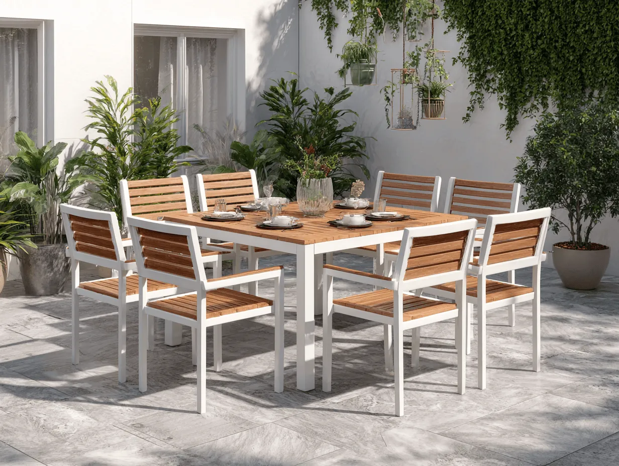 Set pranzo da giardino con tavolo quadrato in legno e alluminio bianco 150 x 150 x 75 cm e 8 sedie coordinate 55 x 58 x 85 cm.-Dwellingra
