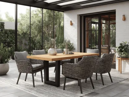 Set da pranzo da giardino con 1 tavolo rettangolare e 6 sedie in rattan grigio con cuscini 200x90x76 cm