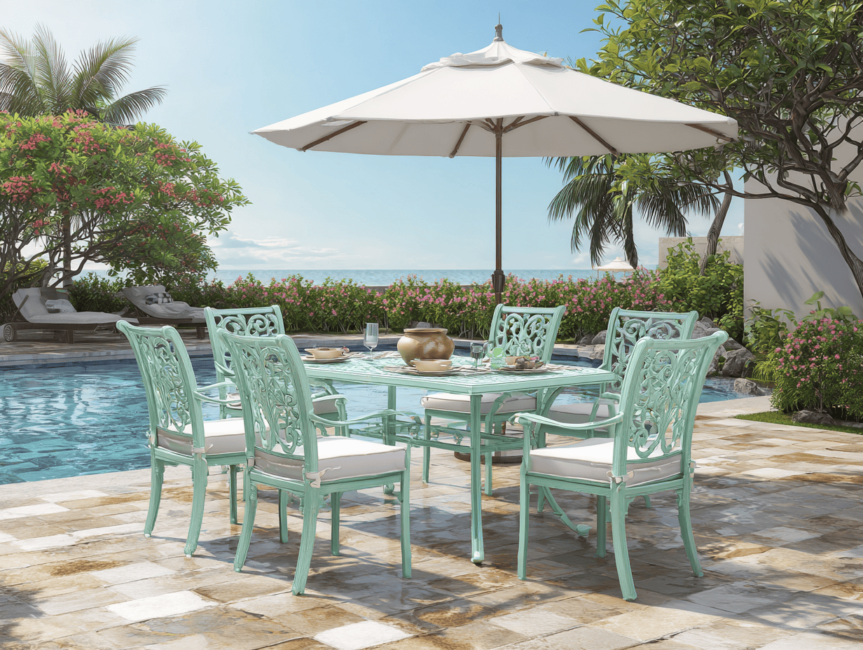 Set da pranzo da giardino con 1 tavolo e 6 sedie in alluminio verniciato verde acqua 150x90x75 cm