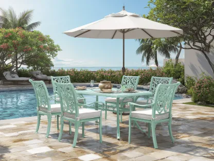 Set da pranzo da giardino con 1 tavolo e 6 sedie in alluminio verniciato verde acqua 150x90x75 cm