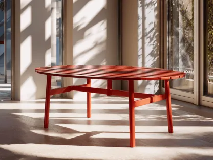 Tavolo ovale da pranzo per esterni 200x95x75 cm - alluminio verniciato rosso - piano a doghe - stile moderno minimalista-Dwellingra
