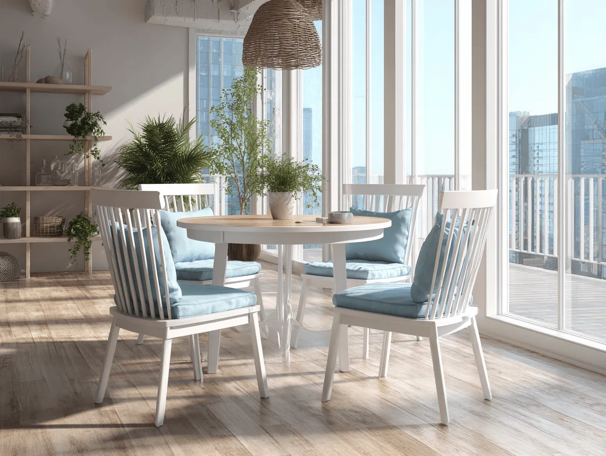 Set da pranzo da giardino con 1 tavolo rotondo e 4 sedie in legno bianco con cuscini blu chiaro diametro105x74 cm