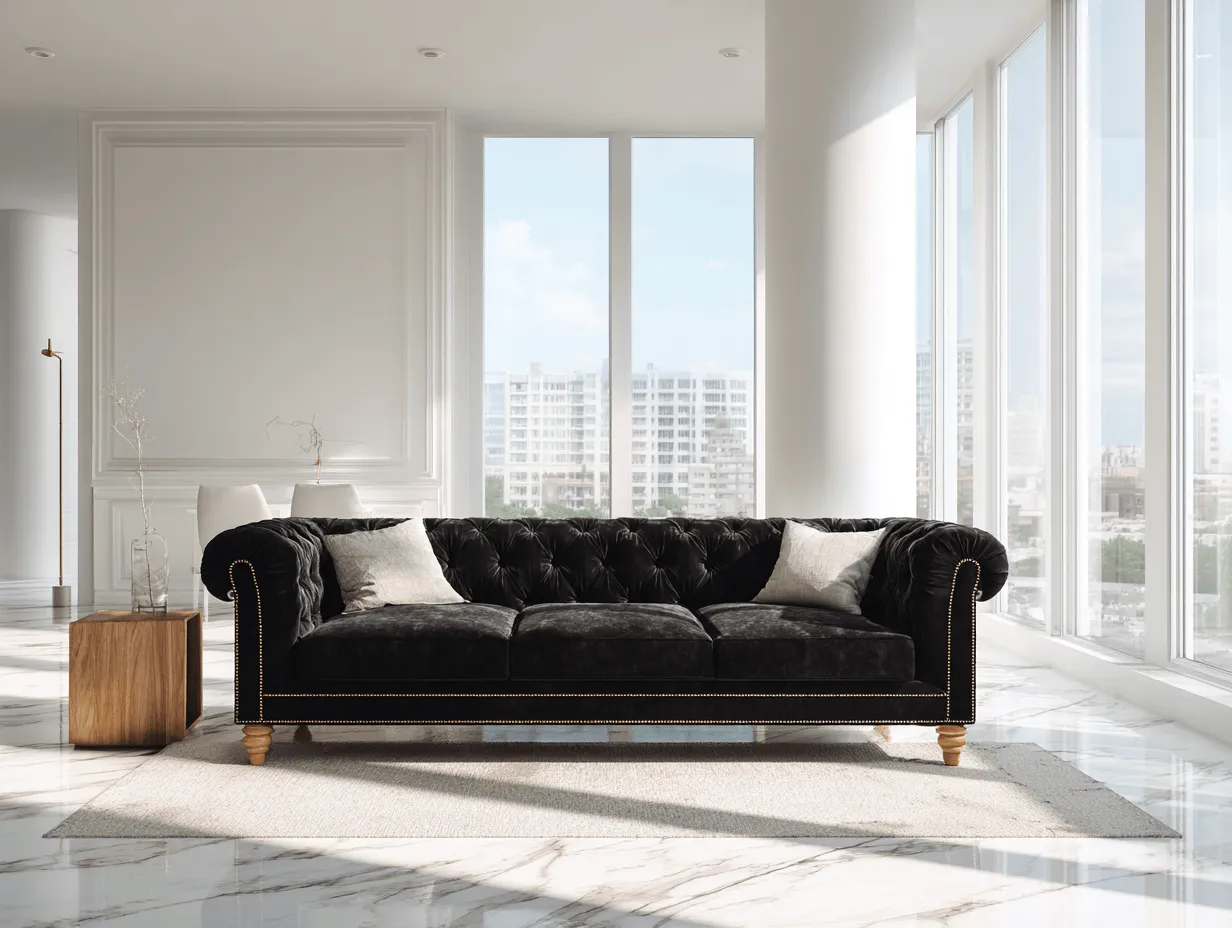 Divano 3 posti in velluto nero - stile Chesterfield con dettagli borchiati - 225x95x85 cm