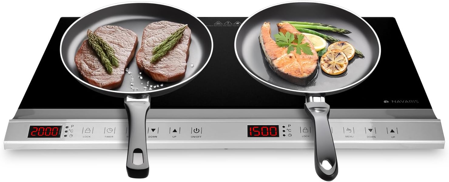 Navaris Piastra a Induzione Doppia 3500W, 2 Fuochi da Tavolo con Touch Display LED, Timer e Blocco Bambini, Nero-Dwellingra