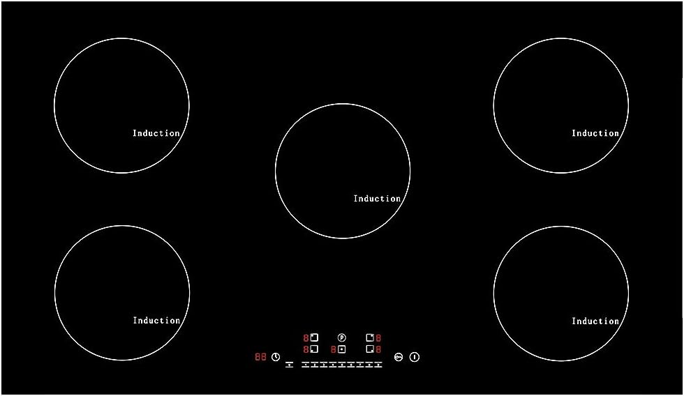 Piano Cottura a Induzione 90 cm 9300W, 5 Fuochi in Vetroceramica con Controllo Touch Integrato, Nero-Dwellingra