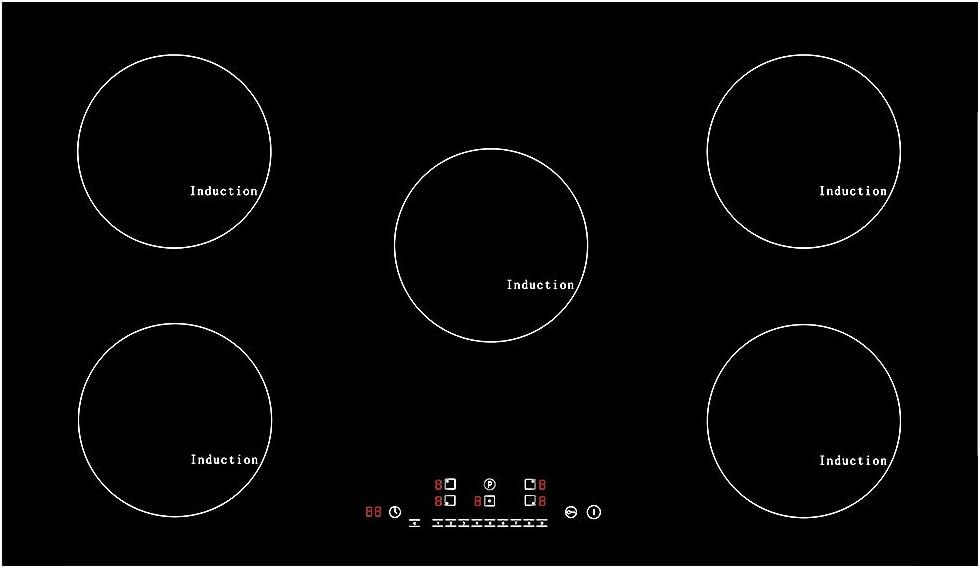 Piano Cottura a Induzione 90 cm 9300W, 5 Fuochi in Vetroceramica con Controllo Touch Integrato, Nero-Dwellingra