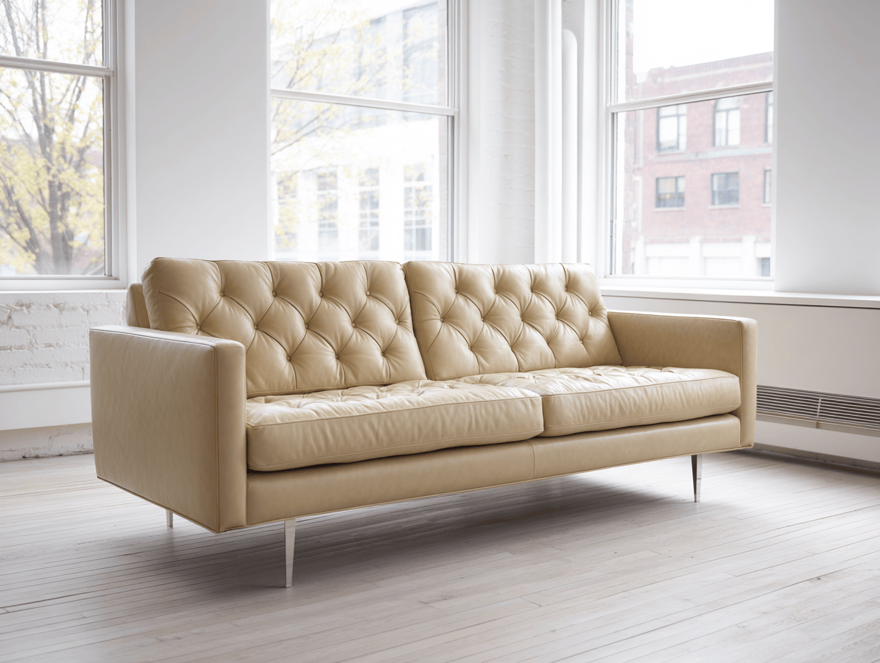 Divano 3 posti in pelle beige - design moderno trapuntato con gambe in metallo - 210x92x86 cm