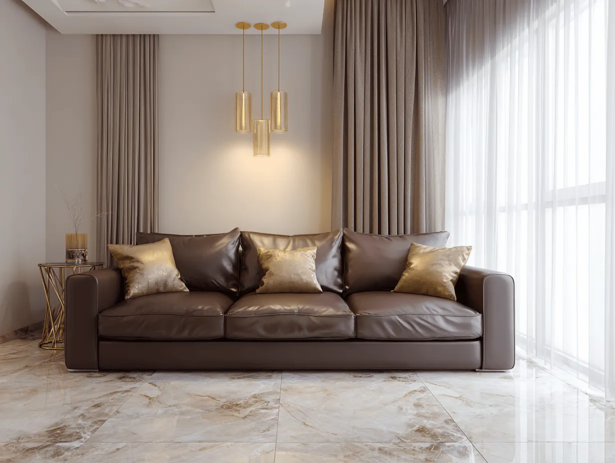 Divano tre posti in pelle marrone 220x90x82 cm - stile moderno - cuscini dorati decorativi inclusi - design elegante e raffinato