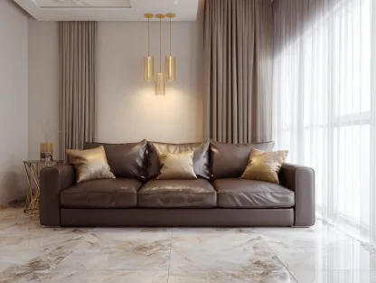 Divano tre posti in pelle marrone 220x90x82 cm - stile moderno - cuscini dorati decorativi inclusi - design elegante e raffinato