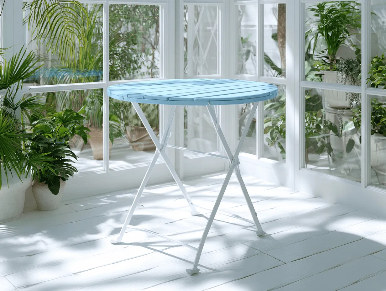 Tavolo da giardino pieghevole rotondo - 70x70x73 cm - metallo azzurro e bianco - stile minimalista moderno