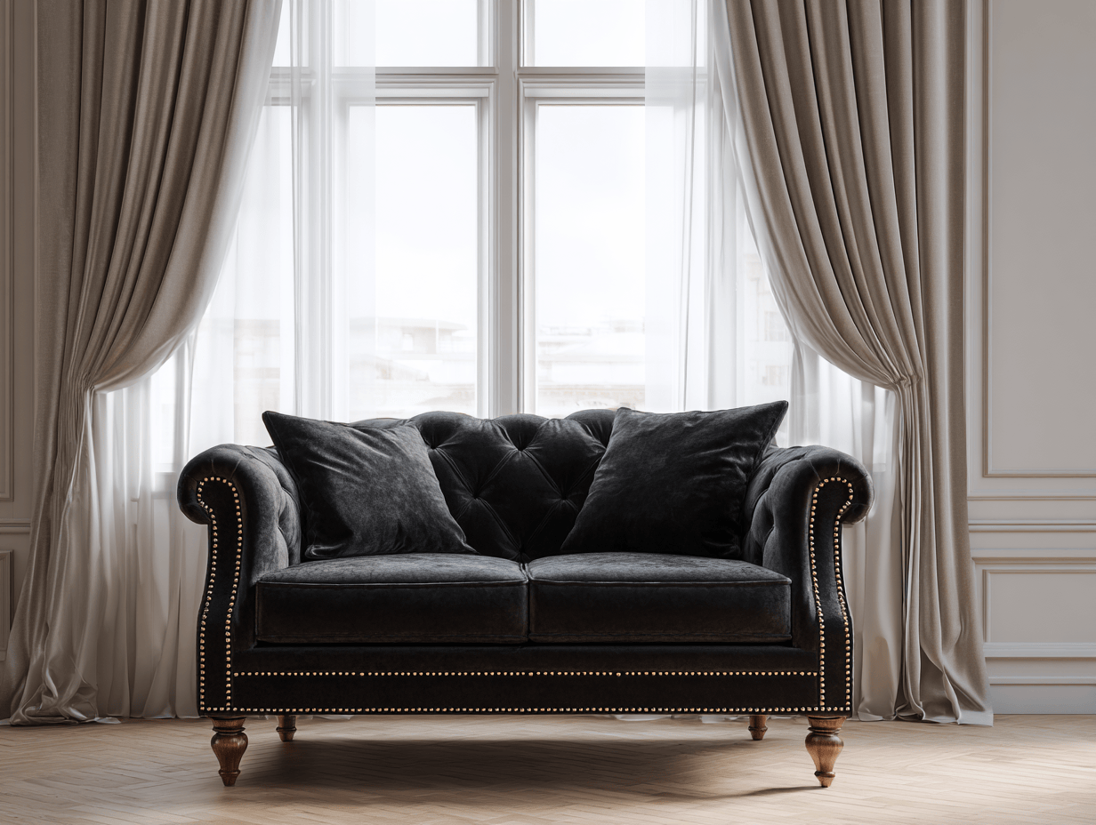 Divano loveseat in velluto nero con braccioli borchiati e gambe tornite in legno - stile classico - 160x95x92 cm