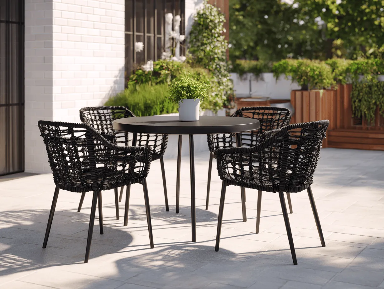Set tavolo da pranzo rotondo nero da esterno con 4 sedie intrecciate - stile moderno resistente alle intemperie - 112x112x75 cm-Dwellingra