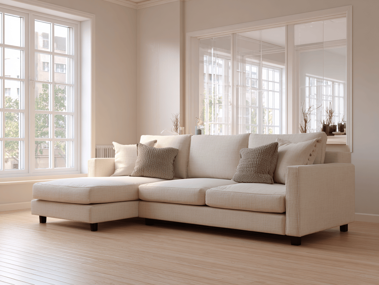 Divano angolare in tessuto color crema con chaise longue - cuscini inclusi - 280x160x85 cm