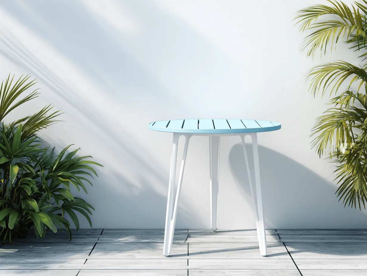 Tavolo da giardino rotondo 85x85x73 cm - piano in legno composito azzurro - gambe in metallo bianco - stile moderno