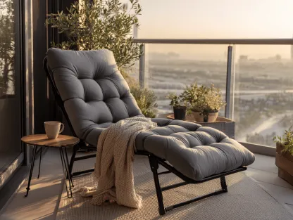 Sedia reclinabile da giardino 180x65x100 cm - tessuto grigio imbottito - con poggiapiedi integrato