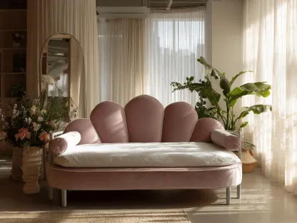 Divano 2 posti in velluto rosa 165x95x105 cm con schienale a petali e braccioli a cuscino